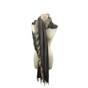 ColdWater Creek Ruffled Gray & Beige Knit Scarf With Fringe